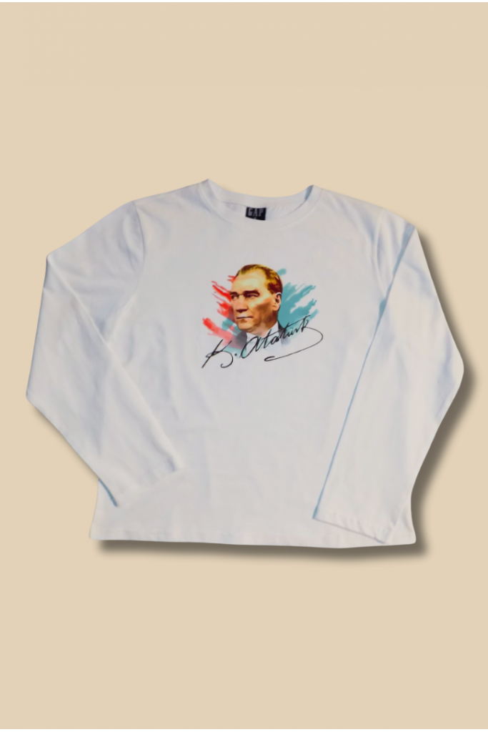 Beyaz Üzeri Atatürk Renkli Baskılı Uzun Kollu Çocuk T-Shirt