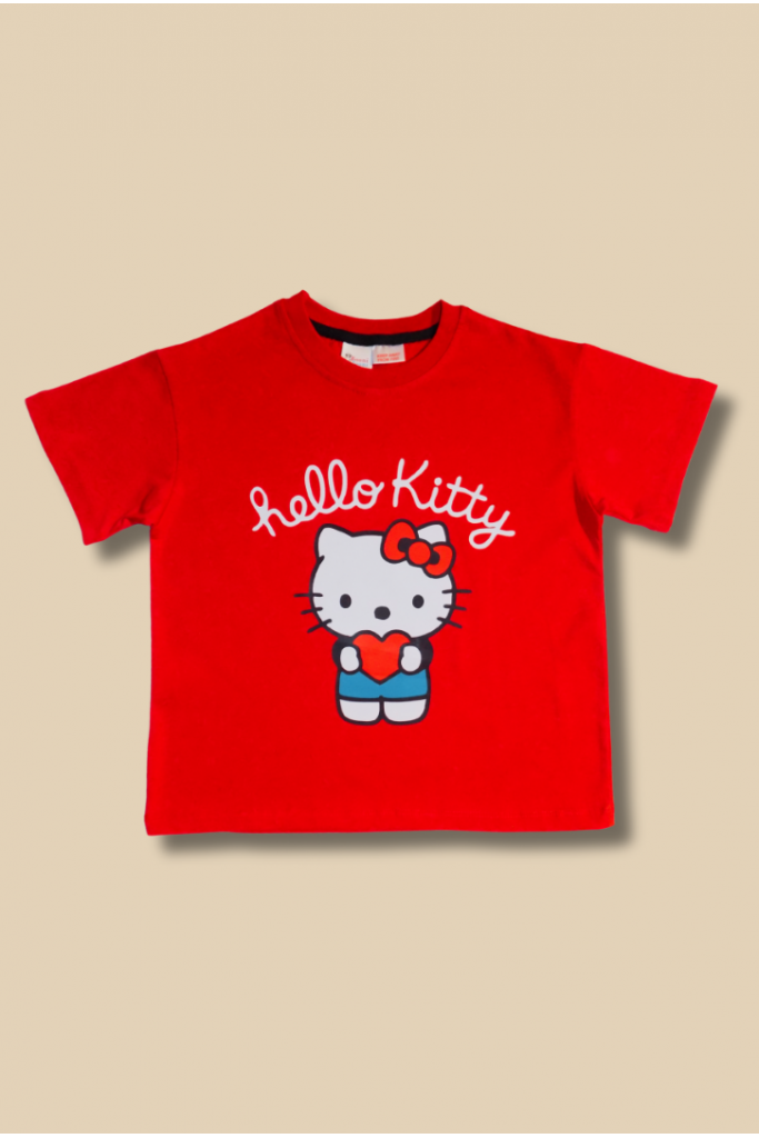 Kırmızı Üzeri Hello Kitty Baskılı Çocuk T-shirt