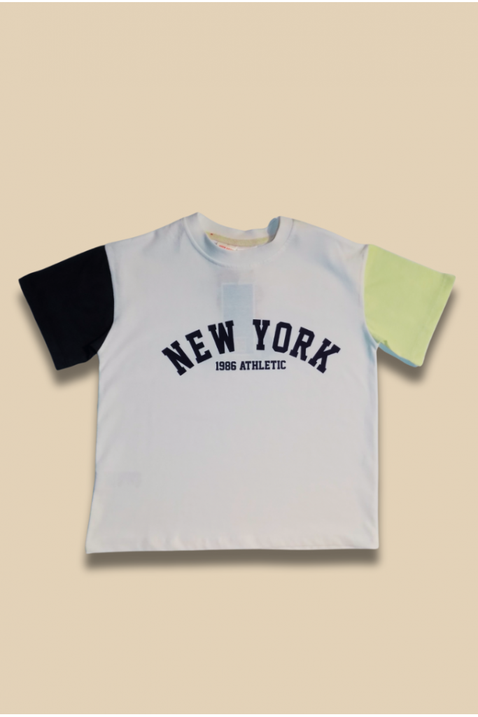 Beyaz Üzeri NEW YORK Baskılı Renkli Kollu Çocuk T-Shirt
