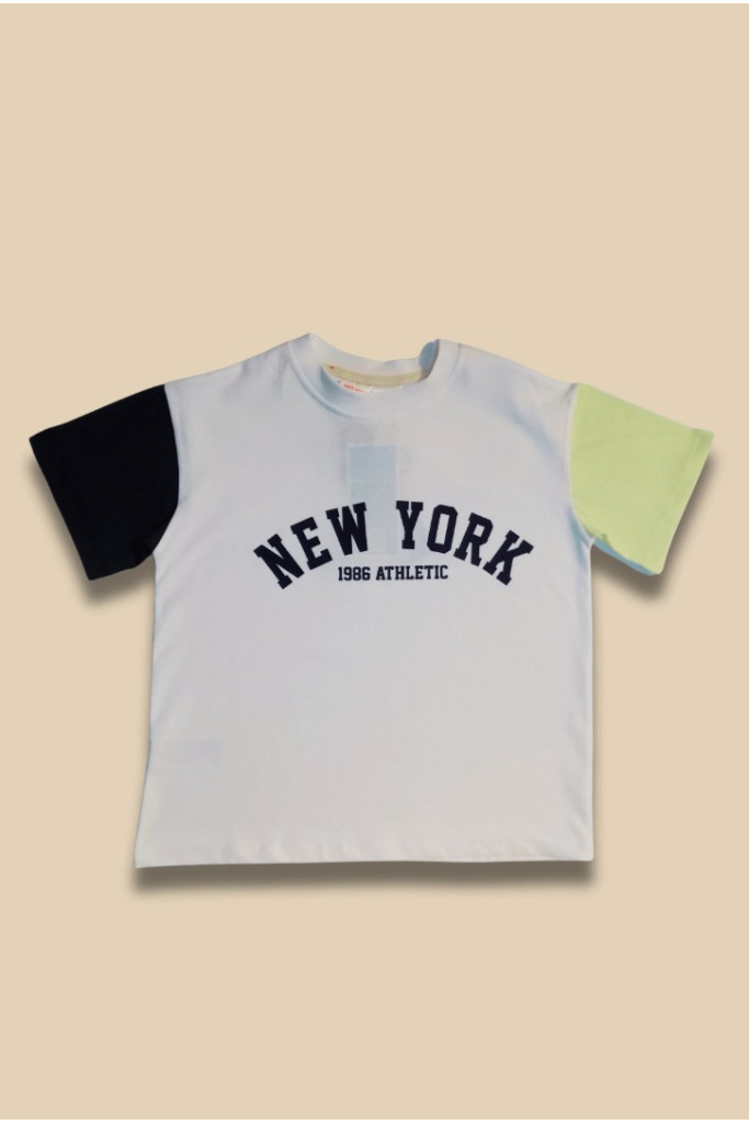 Beyaz Üzeri NEW YORK Baskılı Renkli Kollu Çocuk T-Shirt