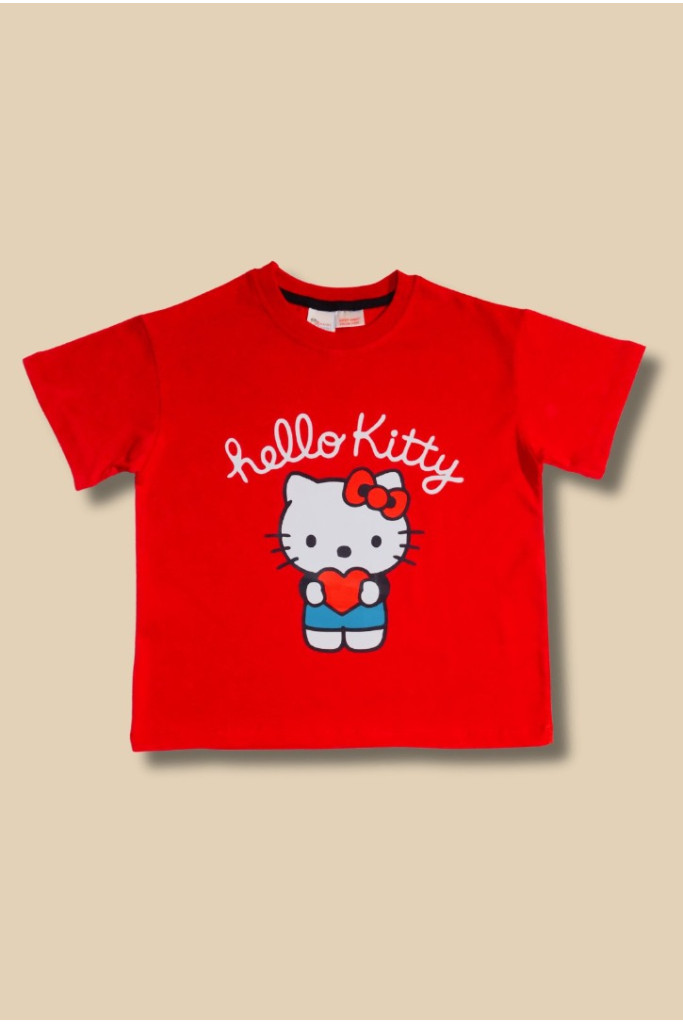 Kırmızı Üzeri Hello Kitty Baskılı Çocuk T-shirt