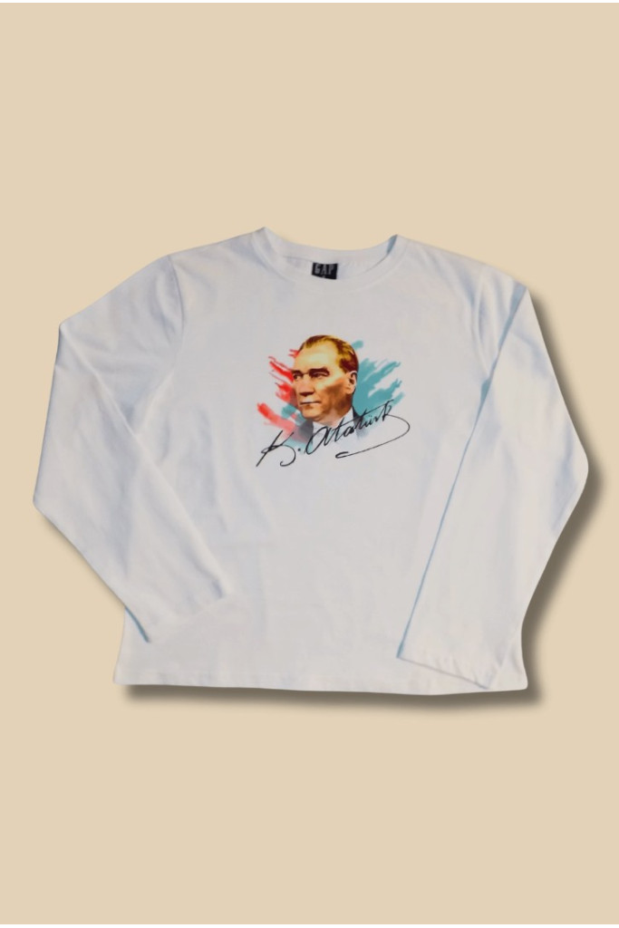 Beyaz Üzeri Atatürk Renkli Baskılı Uzun Kollu Çocuk T-Shirt