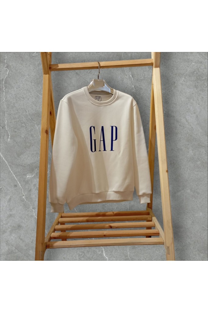 Ekru Üzeri Mavi Gap Detayı Yetişkin Sweatshirt